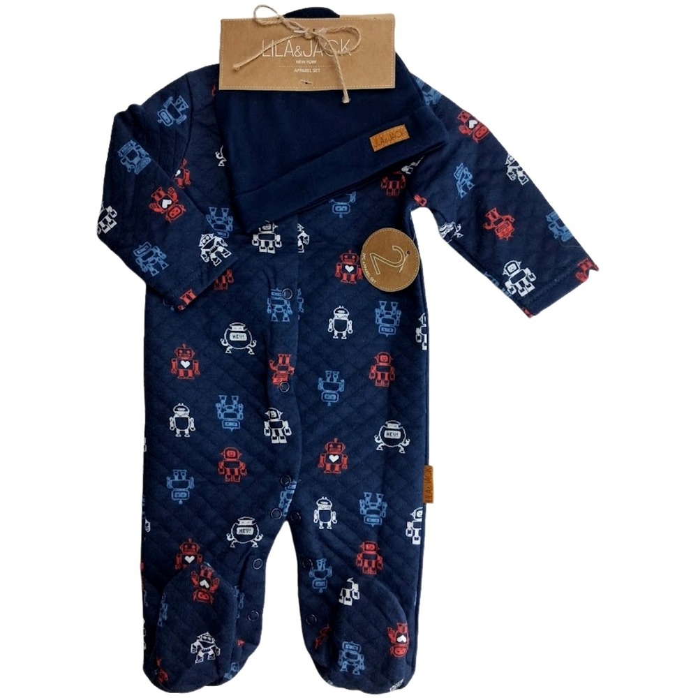 Lila & Jack Baby Boy 0 3 Mos Quilted Robot Outfit 1pc Navy 2pc Hat Footed Sleepe